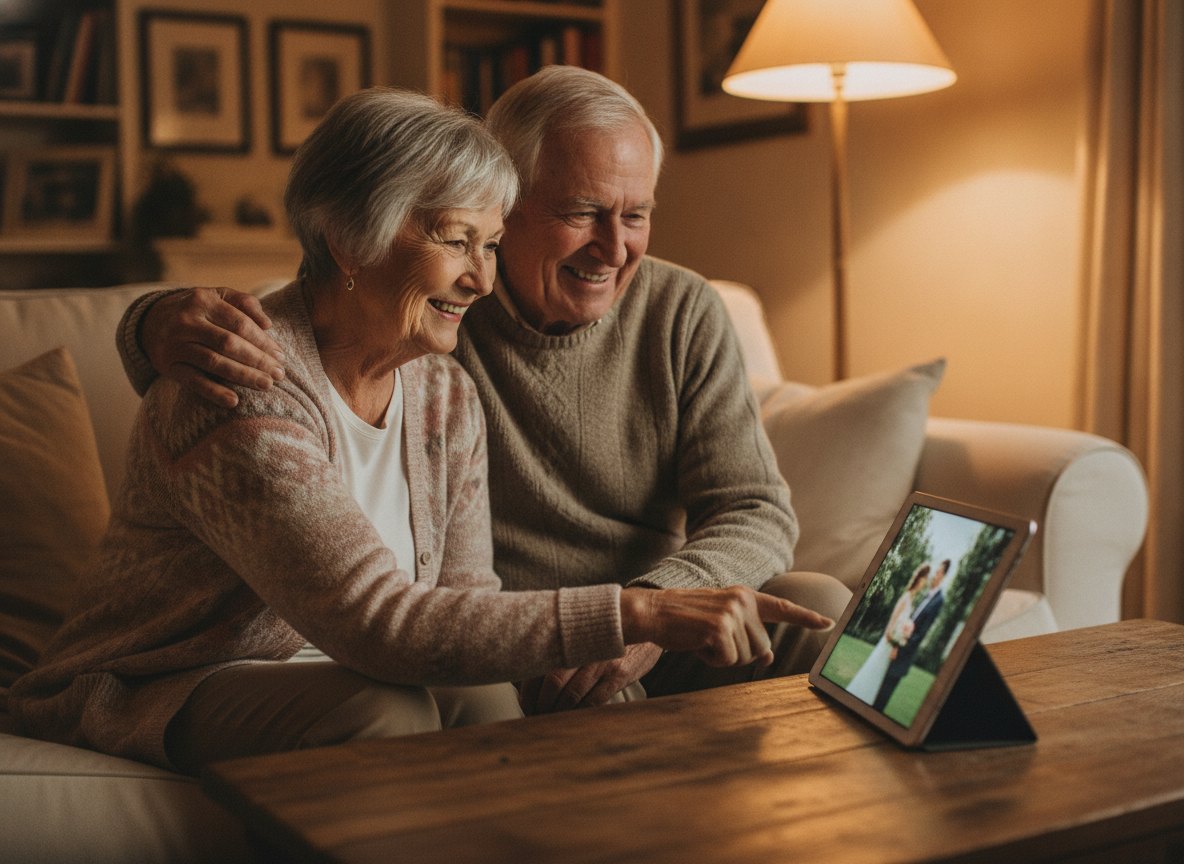 Grandparents watching the wedding slideshow live from home on a tablet